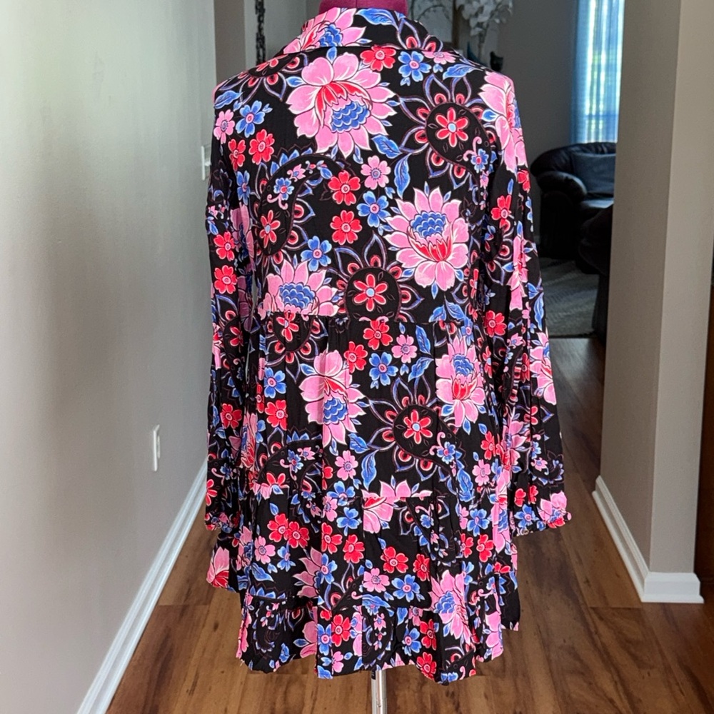 Zara colorful floral long sleeve babydoll button down mini dress, sz L - Picture 4 of 8